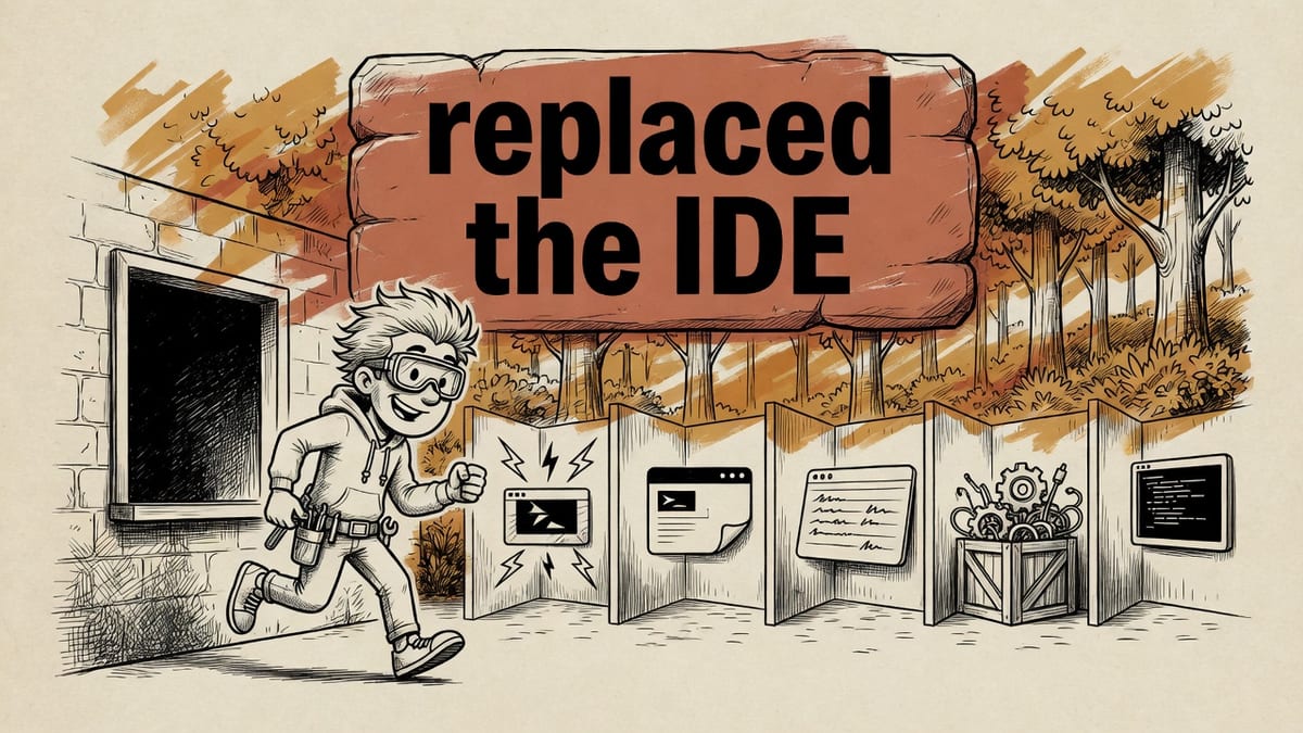 Ink cartoon of an engineer walking out of an editor window toward five small rooms, with the words replaced the IDE