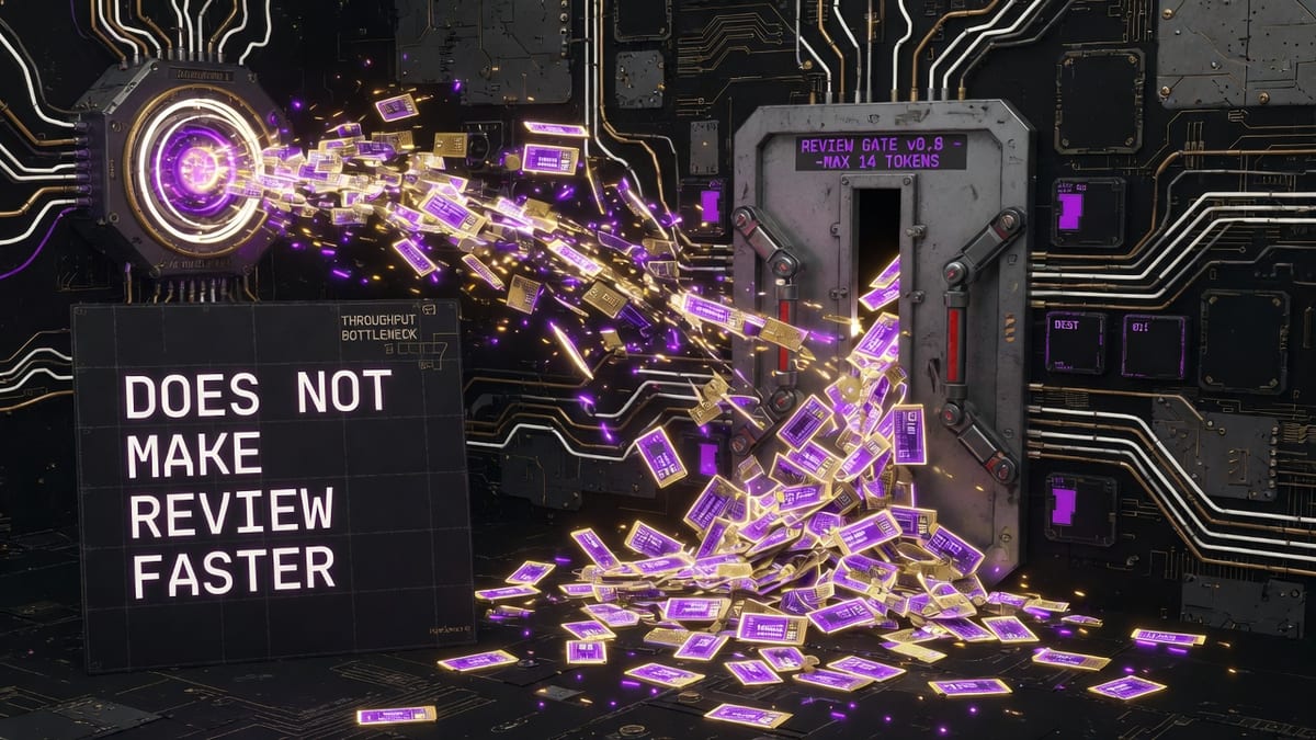 A gold and purple neon token stream piling up at a narrow steel review gate, with the words does not make review faster on a dark panel