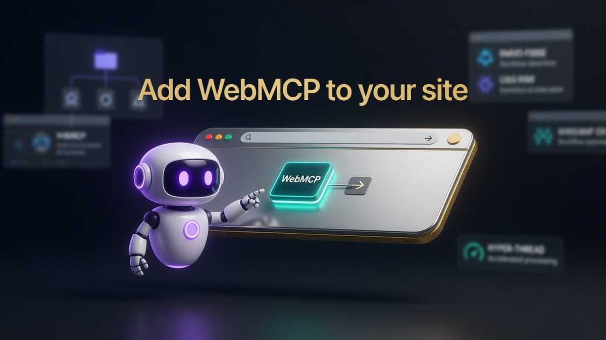 Dark product stage with a desktop browser plate, an address-bar arrow, and the words Add WebMCP to your site