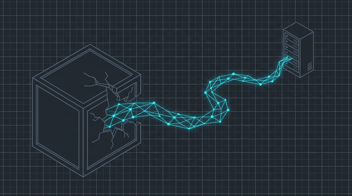 Technical slate-toned diagram of a cracked containment box with a glowing cyan neural pathway escaping through the fracture toward a distant server rack