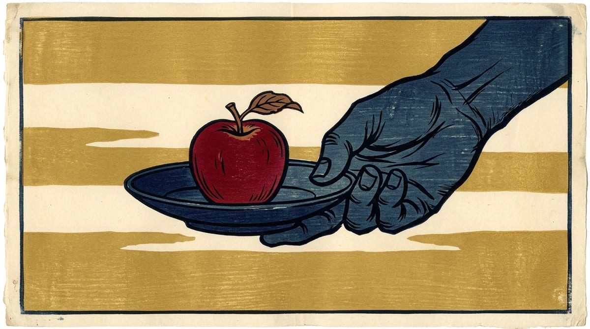 A woodblock print of a small red apple resting on a shallow indigo dish, held up by a much larger hand reaching in from the right against gold and cream bands