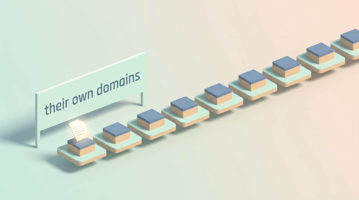 A long row of isometric pedestals recedes into the distance, and only the nearest one holds a small glowing document while every other pedestal stands bare