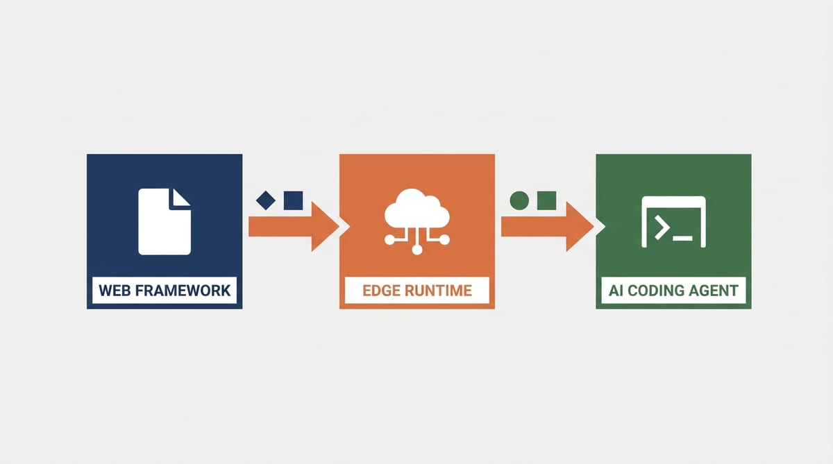 Flat vector illustration of three connected platform blocks representing a web framework, edge runtime, and AI coding agent arranged in a horizontal pipeline with data flowing between them