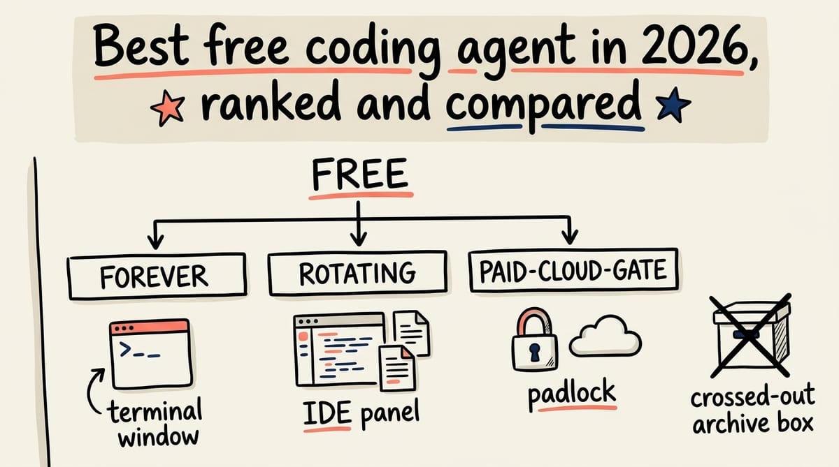 A hand-drawn sketchnote of a sorting board: the word FREE branches into three labeled bins, forever, rotating, and paid-cloud-gate, with small doodle icons for a terminal, an IDE panel, and a padlock.
