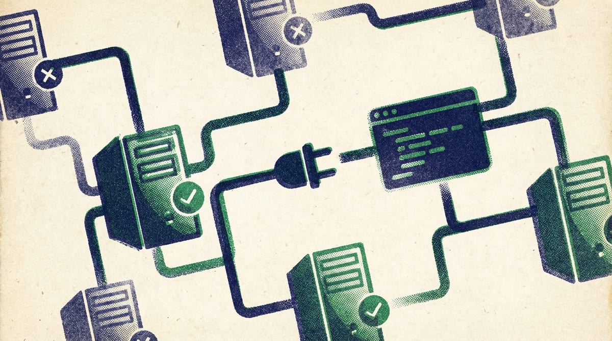 Risograph print style illustration of interconnected server nodes with green and red status indicators against a textured indigo background