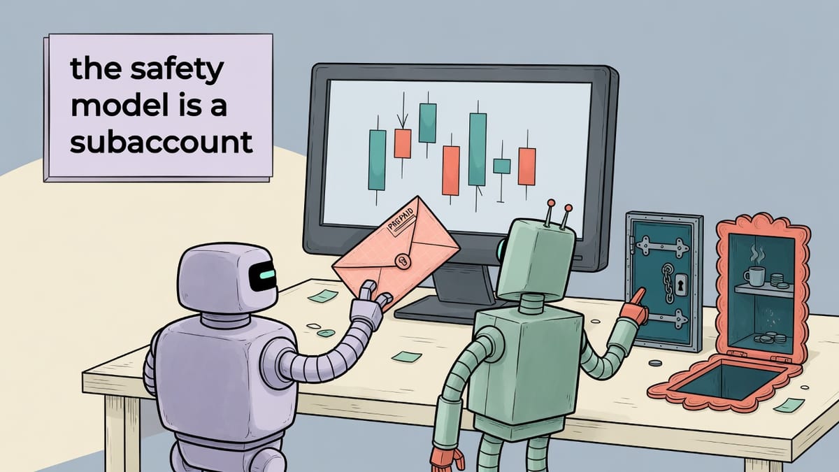 Two comic robots at a cream desk, one sliding a prepaid envelope toward a trading screen, the other pointing at a locked door, with the words the safety model is a subaccount