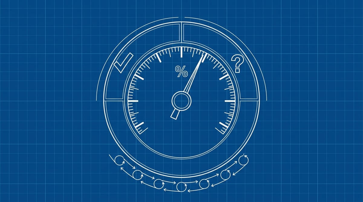 A technical blueprint-style gauge dial on a deep blue grid background, one side of its rim marked with a checkmark and the other with a question mark, small looping arrows circling beneath it