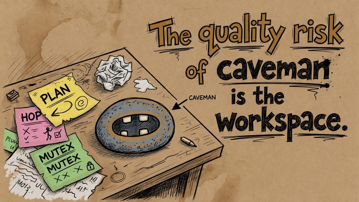 Sketchnote cover of a crowded sticky-note desk beside a caveman mouth with title The quality risk of caveman is the workspace