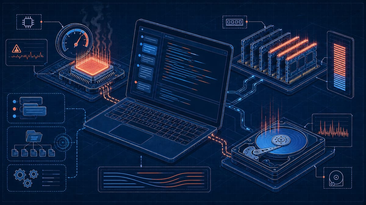 Technical blueprint of a coding laptop connected to an overheating CPU, glowing RAM modules, a busy hard drive, and resource-monitor graphs.