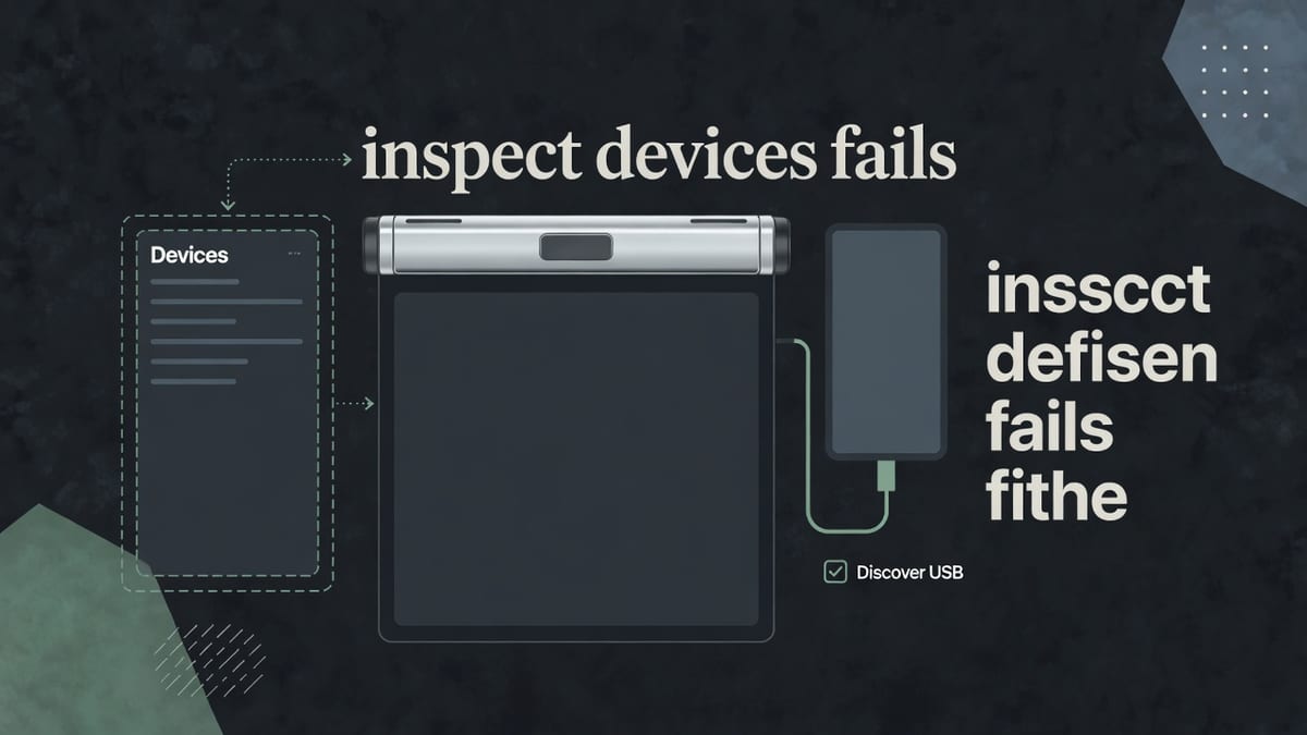 Dark inspect panel with an empty devices list, a phone on a USB cable, and the words inspect devices fails