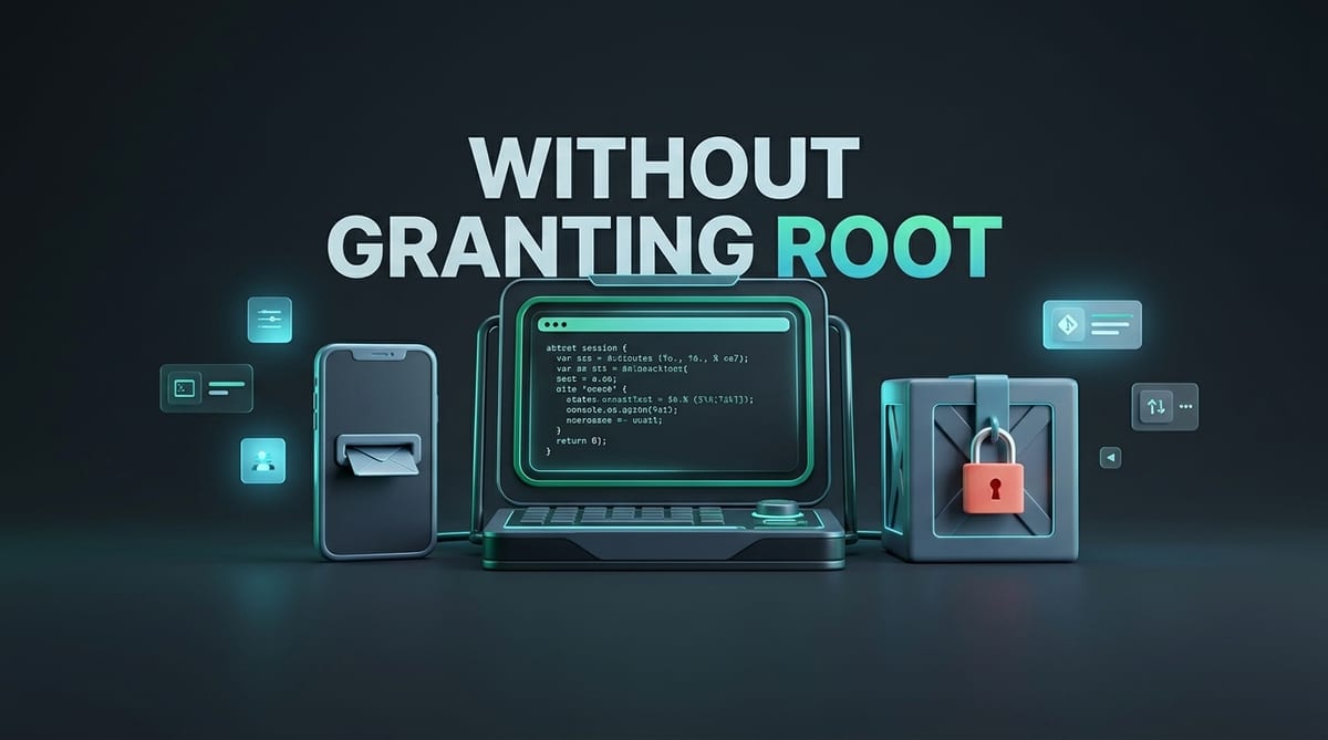 Dark product stage with a phone mail slot, a terminal panel lettered without granting root, and a locked crate