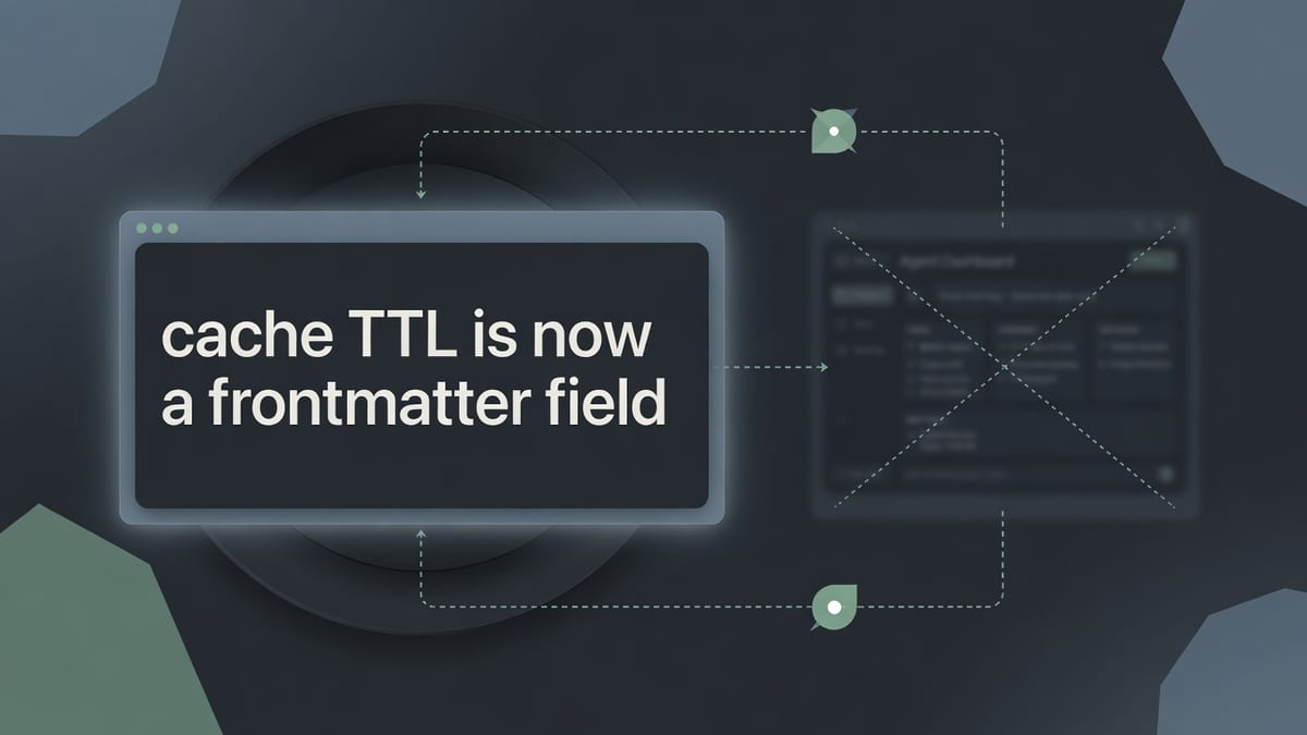 Dark editorial CLI card of a markdown agent file with the words cache TTL is now a frontmatter field