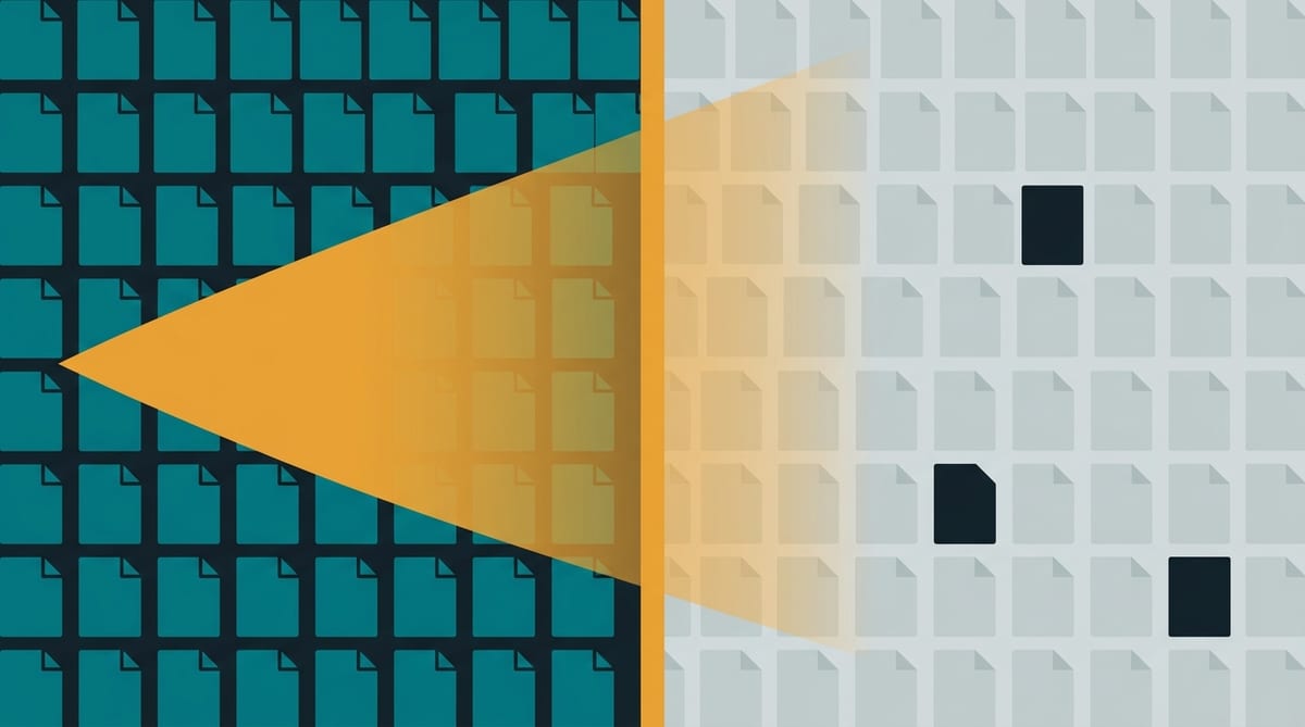 A dense grid of teal document tiles on the left of a hard amber divider, with an amber scanning beam that weakens as it crosses and leaves the tiles beyond it faded and gapped