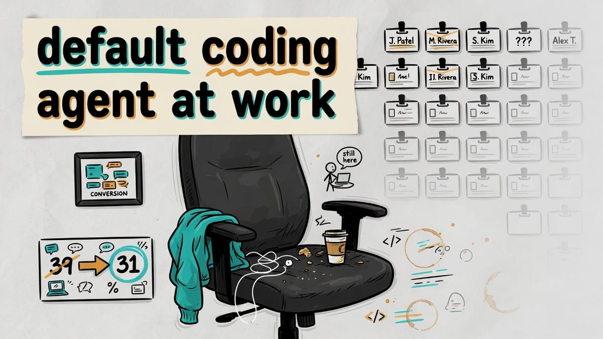 A cream sketchnote of an occupied office chair and unused name badges with the words default coding agent at work