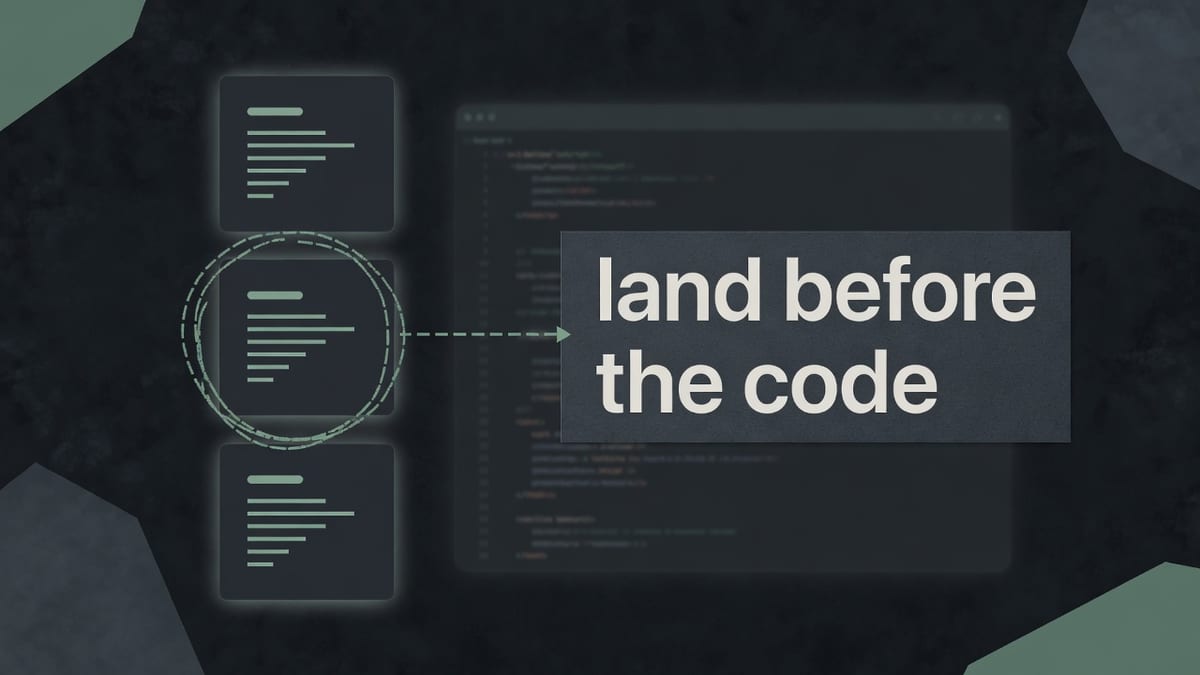 Dark editorial UI with three artboard cards on the left, one circled, a dashed line to a quiet code pane, and the words land before the code on a graphite block