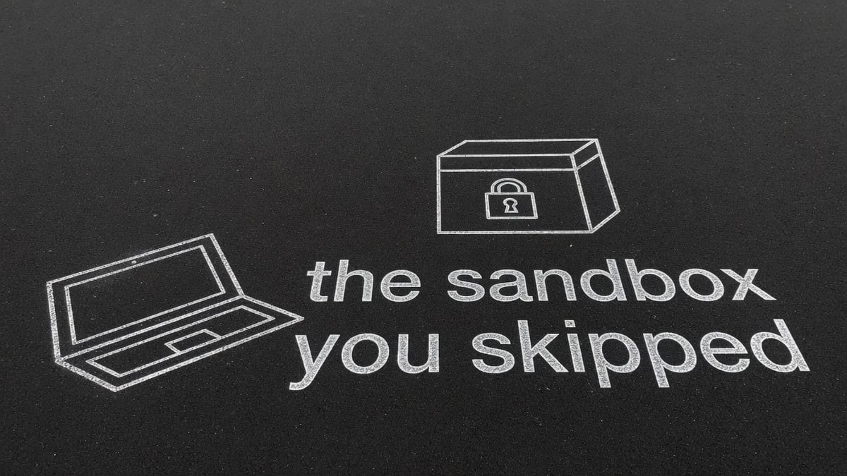 Light chalk locked box on dark asphalt with a laptop outline left outside and the words the sandbox you skipped