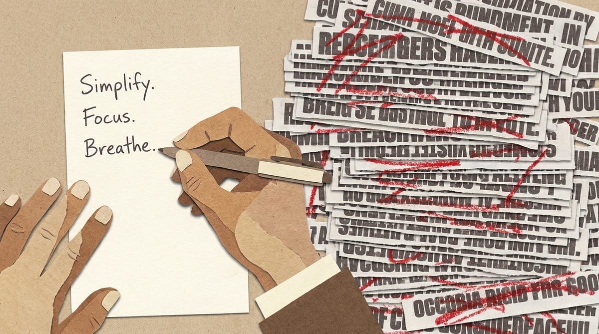 Paper cutout collage of a hand writing three short lines on a sparse page beside a towering stack of dense machine-printed rules with red cross-out marks