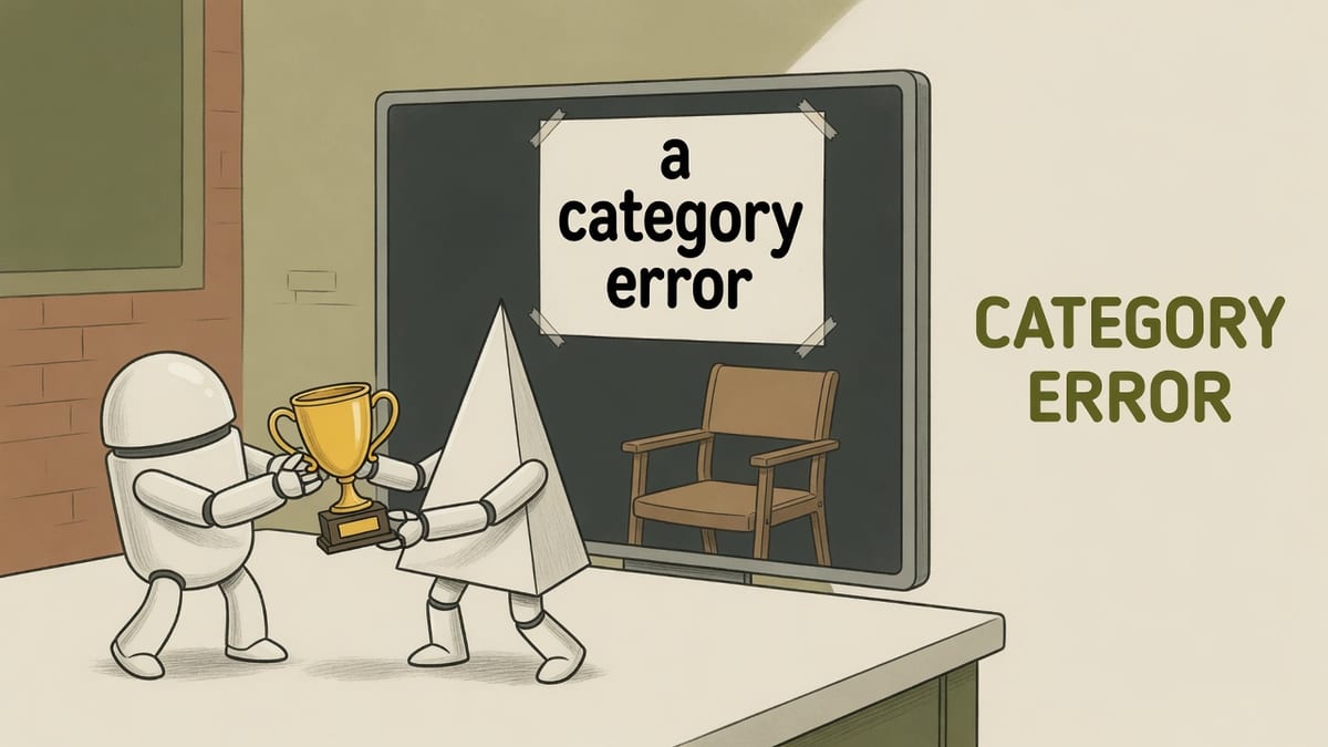 Cream comic of two robots tugging a trophy, with a paper sign on an ignored terminal window lettered a category error