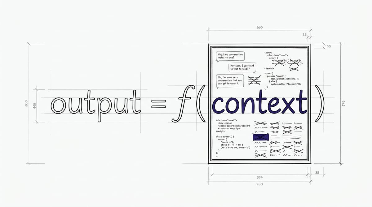 Hand-drawn line sketch of the equation output = f(context), with the parentheses drawn as a window frame holding sketched conversation snippets and crossed-out failed attempts.