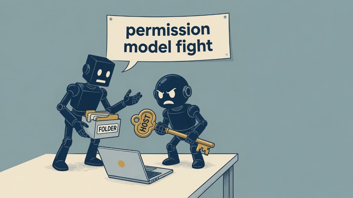 Two comic robots at a cream desk, one holding a folder crate, the other a host key, with a paper sign lettered permission model fight