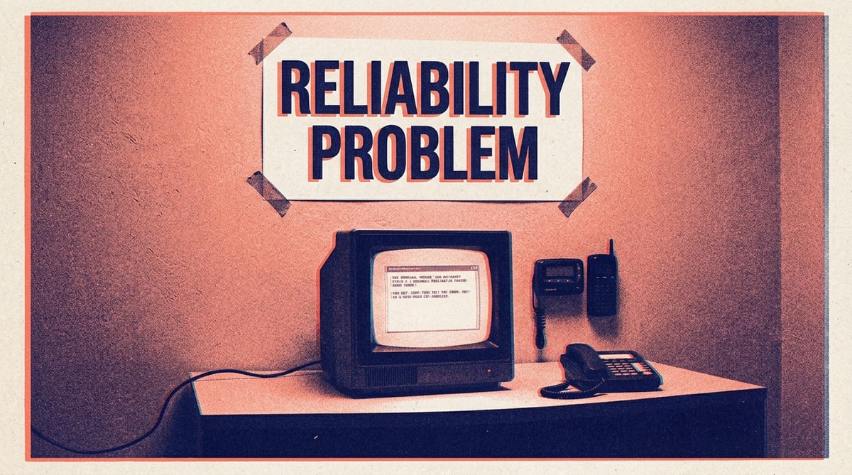 A vintage CRT terminal mid-error sits on a desk below a taped-up sign reading RELIABILITY PROBLEM, with a dark unplugged desk phone and pager beside it