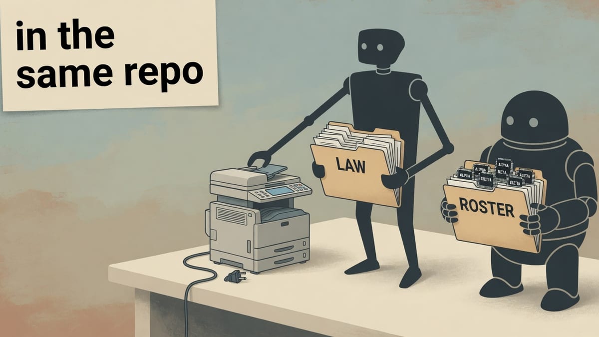 Two comic robots at a cream desk holding LAW and ROSTER folders, an unplugged photocopier between them, and a paper sign lettered in the same repo