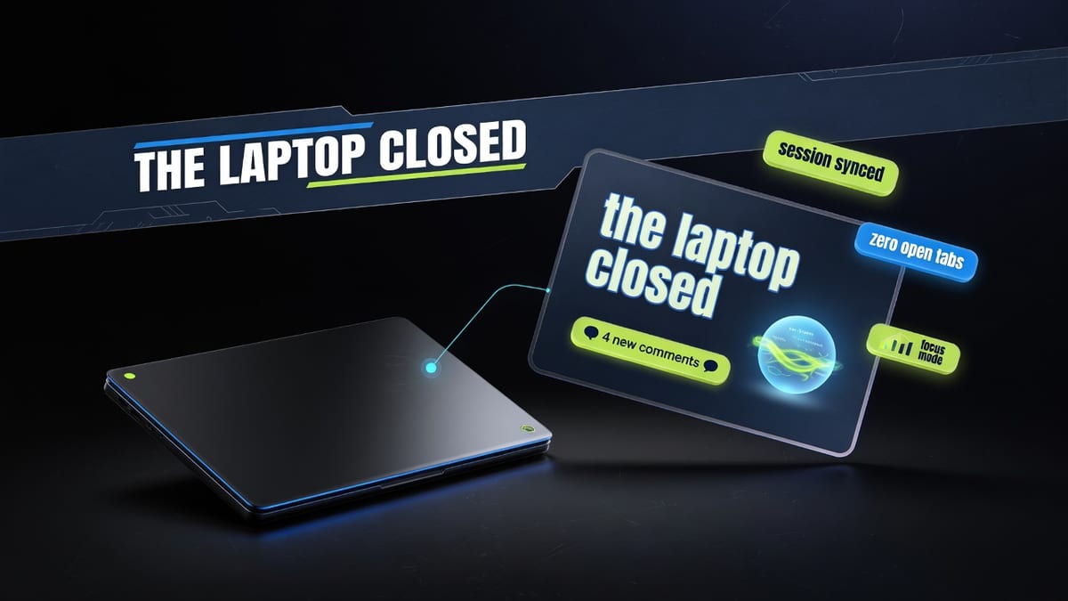 Dark stage with a closed laptop at left and a floating review card with a COMMENT chip and a small cloud orb