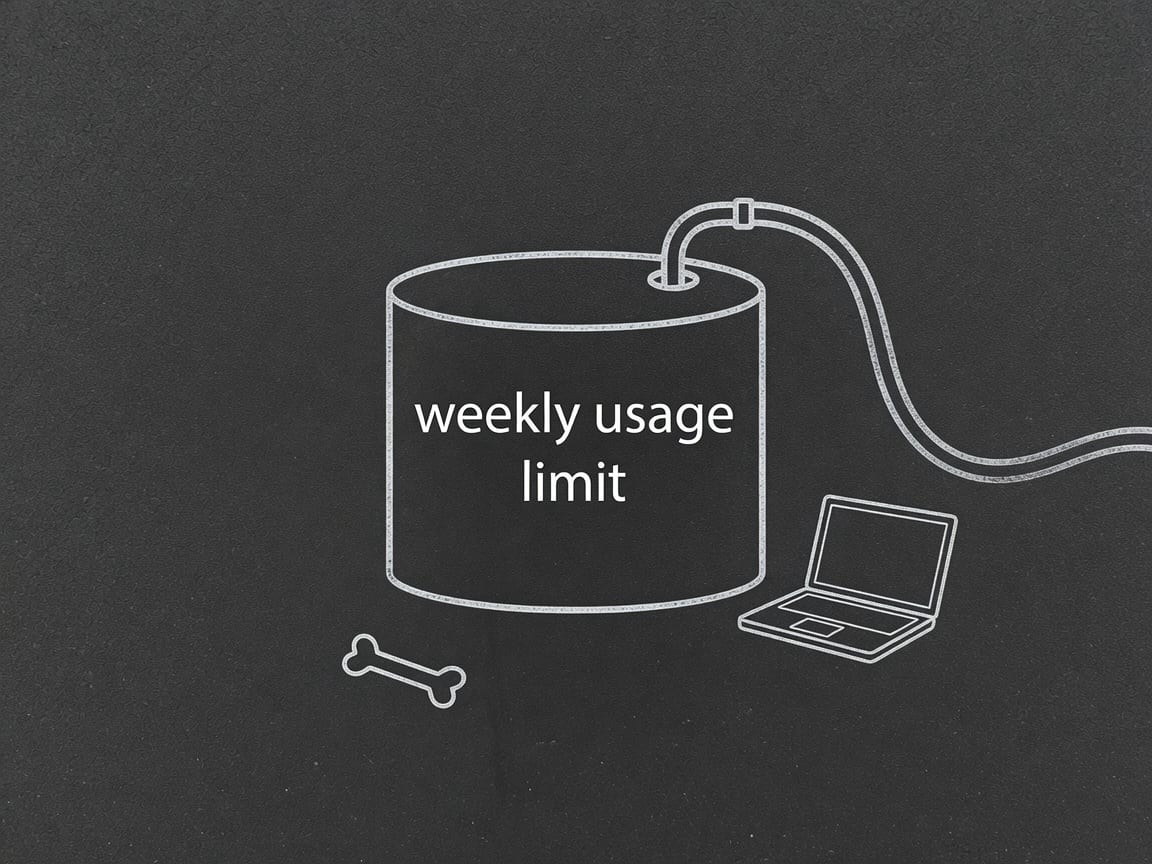 Light chalk tank on dark asphalt being siphoned by a hose, a closed laptop nearby, and the words weekly usage limit