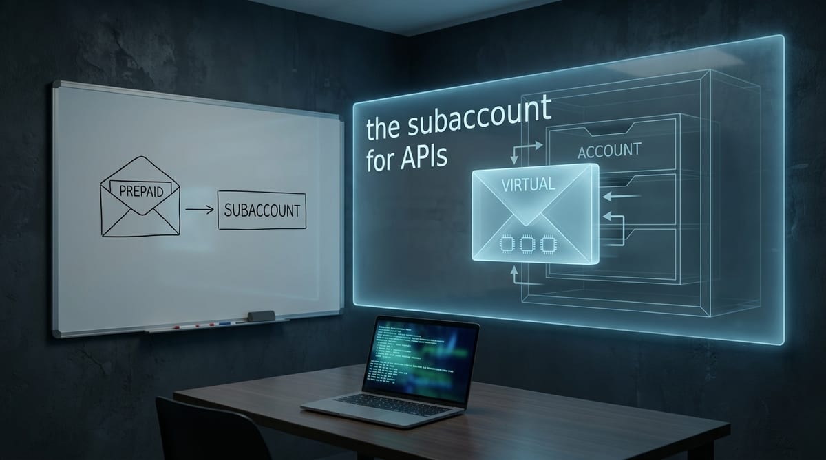 Quiet charcoal ops room with an ice-blue hologram panel lettered the subaccount for APIs, a nested envelope, and an open laptop