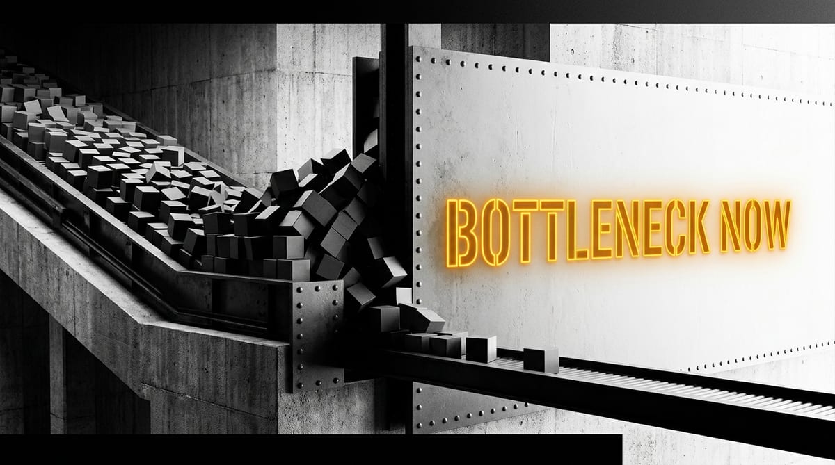 Brutalist high-contrast scene of ticket bricks jamming into a narrow steel gate labeled Bottleneck in amber stencil