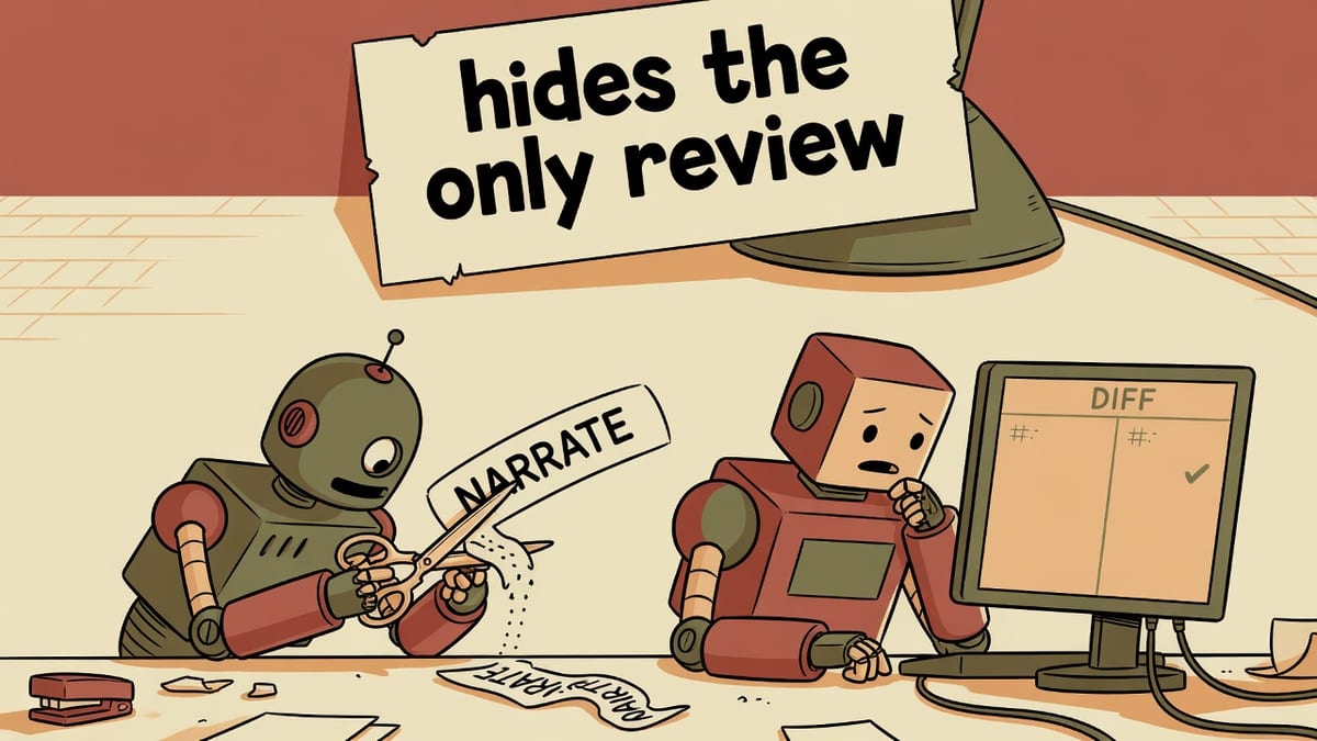 Two comic robots at a cream desk, one snipping a NARRATE bubble while the other looks at a quiet DIFF pane