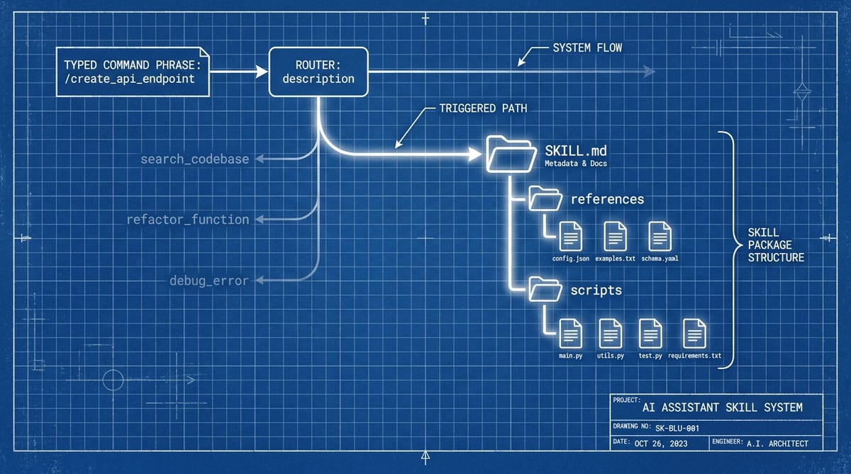 Blueprint-style technical diagram of a typed command phrase routed through a description node into a SKILL.md package with references and scripts folders