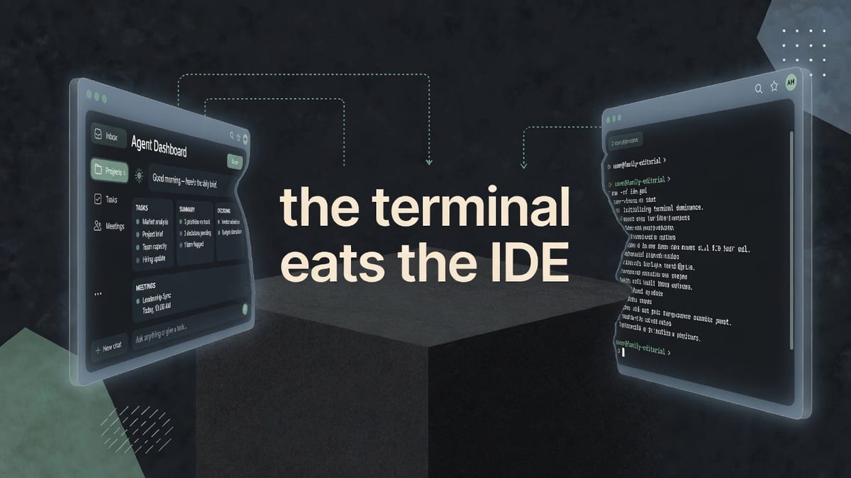 Dark editorial inspect panel with a shrinking editor window, a growing terminal prompt, and the words the terminal eats the IDE