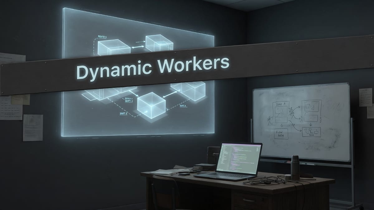 Dark ops room with a holographic architecture panel and Dynamic Workers title