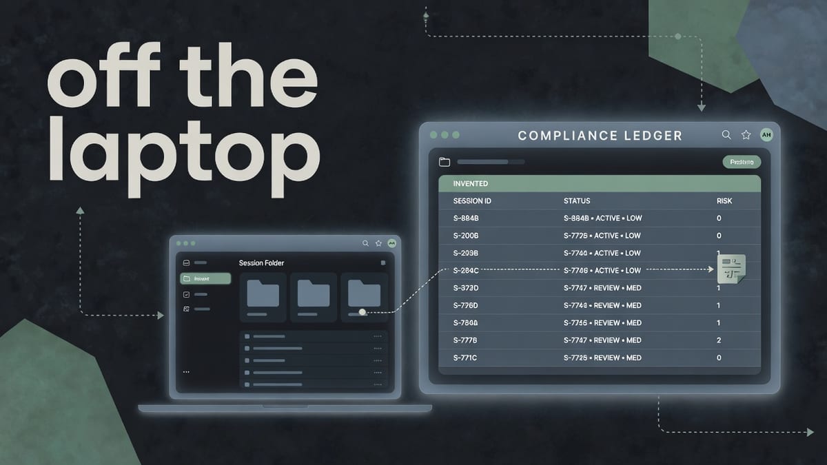 A dark editorial UI of a dim laptop session folder joined by a dashed line to a lit compliance ledger window lettered off the laptop