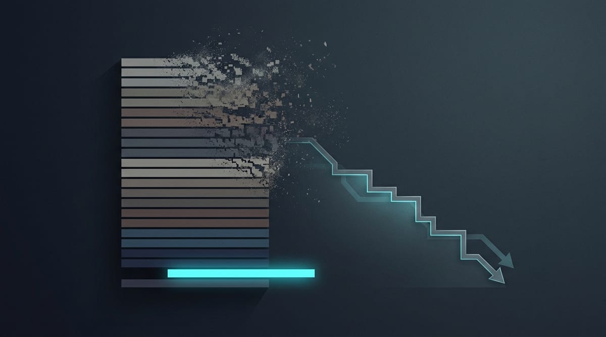 Stacked bars of an instruction file crumbling into fragments at the top while a bright cyan line is added at the bottom, next to a descending stepped curve