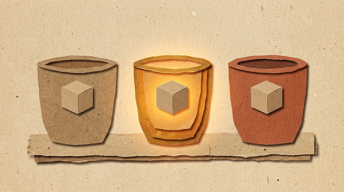 Three torn-paper vessels side by side, each holding an identical small cube, with the middle vessel lit warm amber