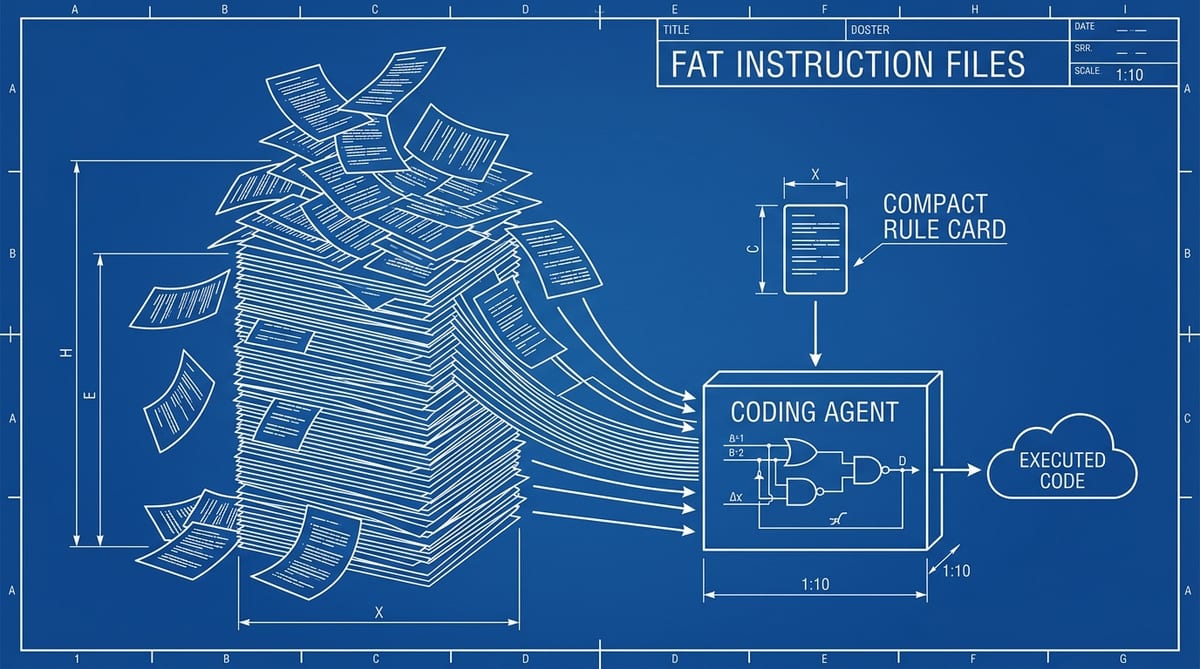 Blueprint schematic of a tall instruction stack and a short rule card both feeding a coding agent box, with Fat Instruction Files lettered in the title block