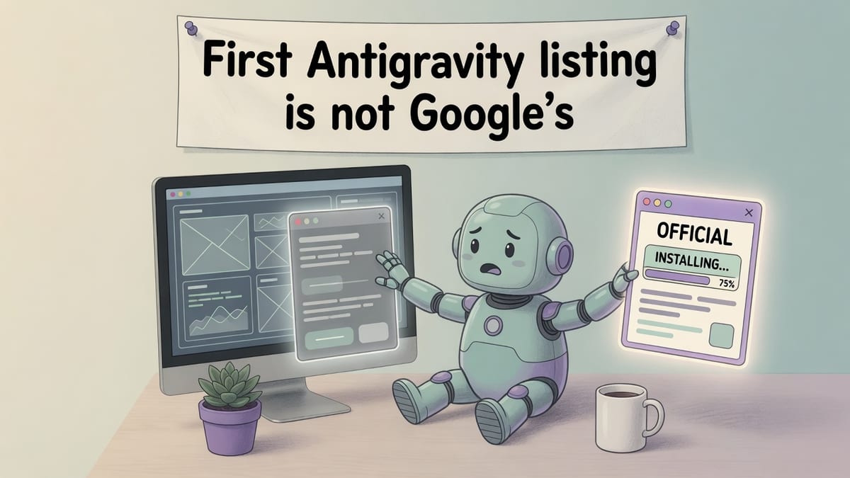 Editorial comic of a developer pushing away a dim marketplace card and installing a brighter official listing under a paper sign