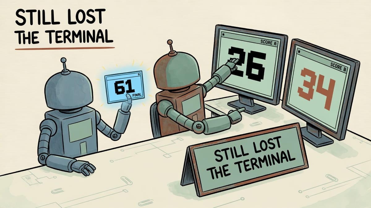 Two robots at a cream desk, one holding a 61 card, the other pointing from a 26 terminal to a 34 screen, with the words still lost the terminal on a sign