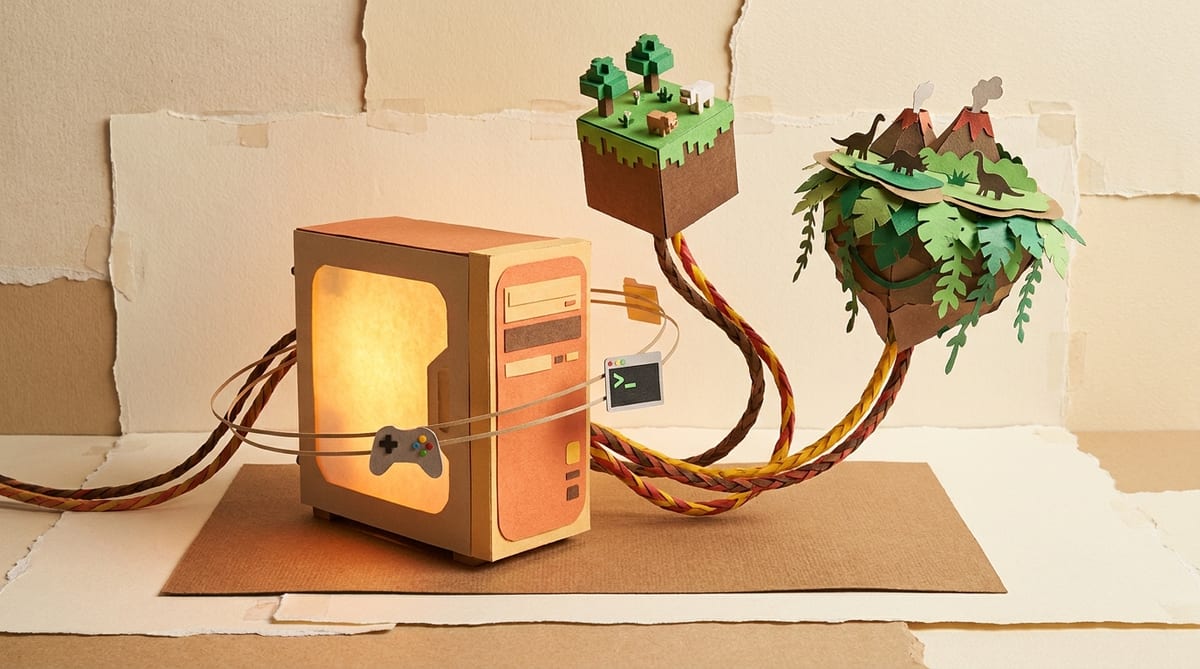 Paper-cutout collage of a glowing desktop PC tower cabled to a floating Minecraft-style grass-block island and a prehistoric jungle island with dinosaurs and volcanoes, with a terminal window and game controller nearby