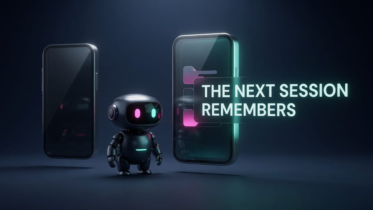 Dark stage with a robot beside two glass terminals, the front one lettered the next session remembers