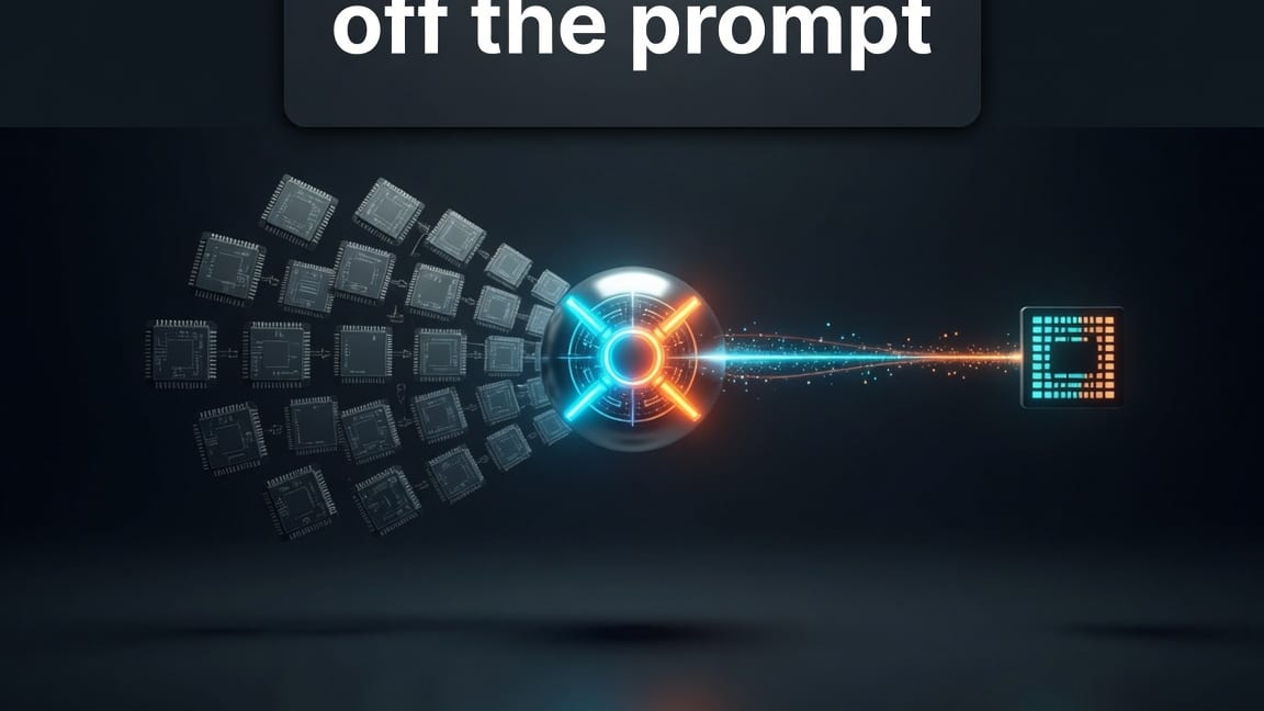 Near-black neon flow with a fan of dim tool chips collapsing into one engine node, a cyan beam, and the words off the prompt