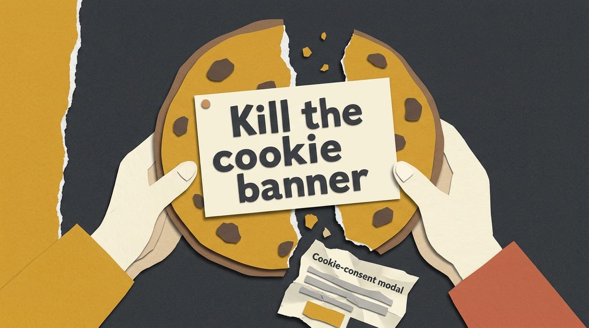 Paper-cutout collage of a cookie torn in half with a cream placard reading Kill the cookie banner pinned on the cookie surface