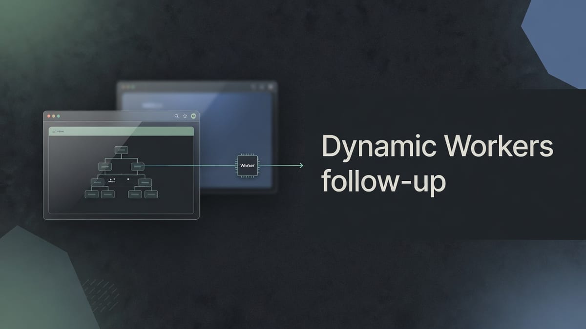 A dark editorial UI with a thin isolate browser card and empty tab bar beside dim Chromium chrome, title Dynamic Workers follow-up on a panel