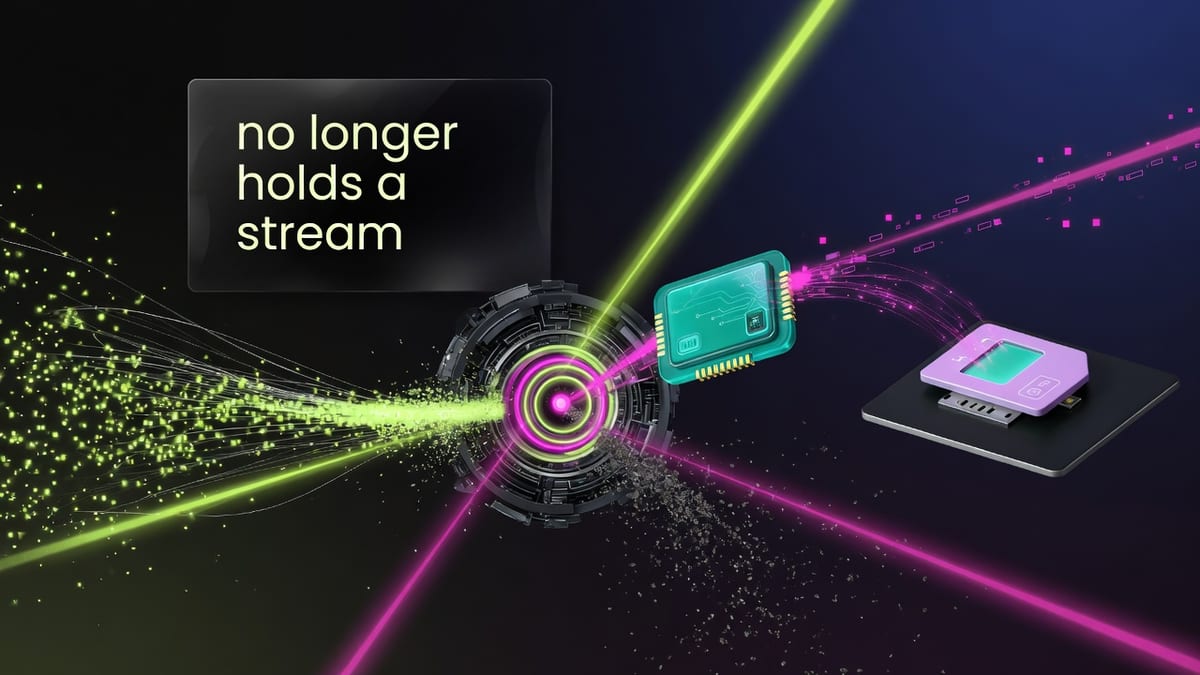 Dark neon scene of a particle stream hitting a central node that ejects a sealed chip, with the words no longer holds a stream on a glass plate