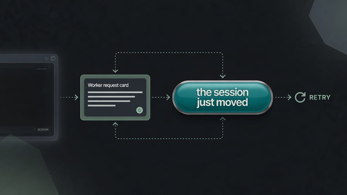 Dark editorial inspect panel with a Worker request card, a dashed line to a sealed capsule, and the words the session just moved on the capsule