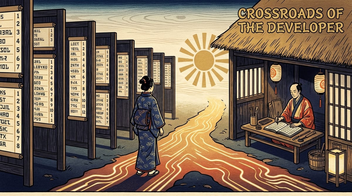 Woodblock print illustration of a developer at a crossroads between a wall of numbered listicle screens and a quiet workshop where a craftsperson examines ledgers and simple tools
