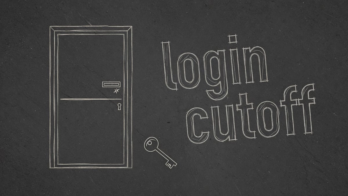 Light chalk locked door and a small key on dark asphalt with the words login cutoff