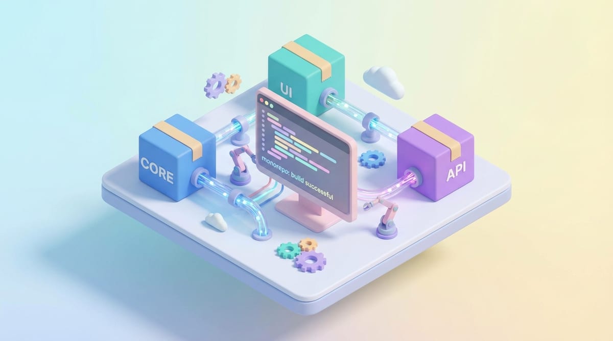 Isometric 3D illustration of interconnected package boxes on a floating platform with a code terminal, representing a monorepo workspace